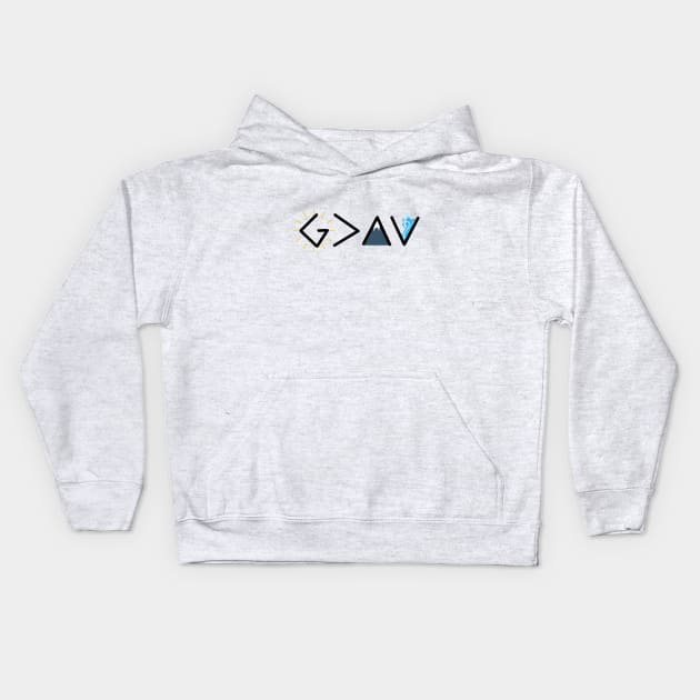 God is greater than the highs and the lows from Romans 8:28, black text Kids Hoodie by Selah Shop